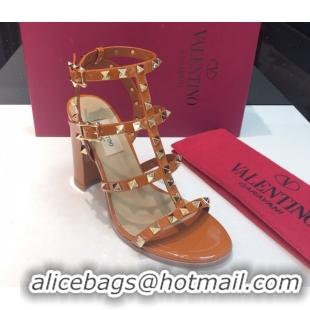 Luxury Valentino Classic Rockstud Heel Sandals 9.5cm in Patent Leather with Straps Brown 0711090