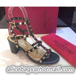 Luxury Cheap Valentino Classic Rockstud Heel Sandals 6.5cm in Calfskin Leather with Straps Black Upper 0711092