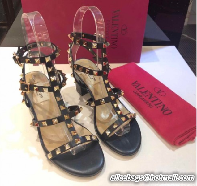 Luxury Cheap Valentino Classic Rockstud Heel Sandals 6.5cm in Calfskin Leather with Straps Black Upper 0711092