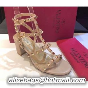 Top Design Valentino Classic Rockstud Heel Sandals 6.5cm in Calfskin Leather with Straps Nude 0711093