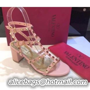 Buy Luxury Valentino Classic Rockstud Heel Sandals 6.5cm in Calfskin Leather with Straps Pink 0711094