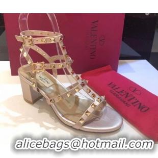 Low Cost Valentino Classic Rockstud Heel Sandals 6.5cm in Calfskin Leather with Straps Metallic Pink 0711095