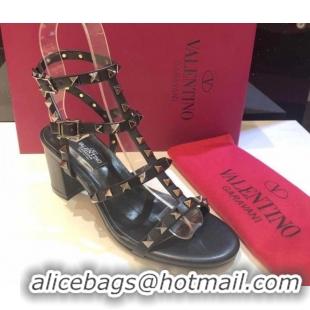 Shop Duplicate Valentino Classic Rockstud Heel Sandals 6.5cm in Calfskin Leather with Straps Black 0711097