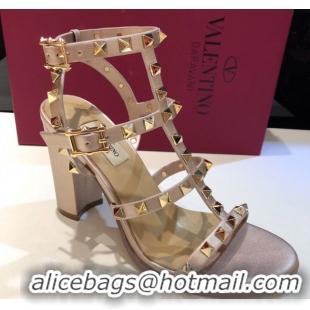 Shop Cheap Valentino Classic Rockstud Heel Sandals 9.5cm in Calfskin Leather with Straps Metallic Pink 0711100