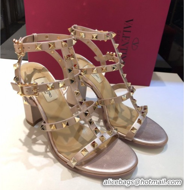 Shop Cheap Valentino Classic Rockstud Heel Sandals 9.5cm in Calfskin Leather with Straps Metallic Pink 0711100