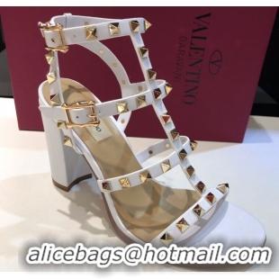 Top Grade Valentino Classic Rockstud Heel Sandals 9.5cm in Calfskin Leather with Straps White 0711101
