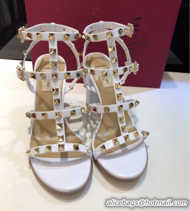 Top Grade Valentino Classic Rockstud Heel Sandals 9.5cm in Calfskin Leather with Straps White 0711101