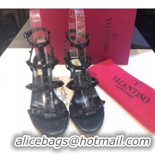 Most Popular Valentino One-Tone Rockstud Heel Sandals 6.5cm in Calfskin Leather with Straps Black 0711103