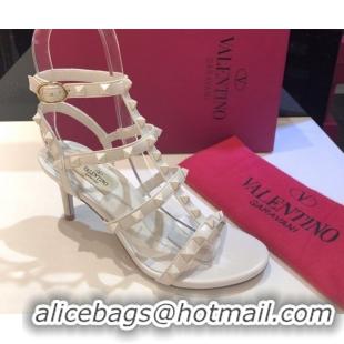 Pretty Style Valentino One-Tone Rockstud Heel Sandals 6.5cm in Calfskin Leather with Straps White 0711104