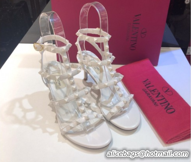 Pretty Style Valentino One-Tone Rockstud Heel Sandals 6.5cm in Calfskin Leather with Straps White 0711104