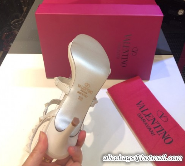Pretty Style Valentino One-Tone Rockstud Heel Sandals 6.5cm in Calfskin Leather with Straps White 0711104