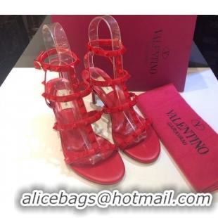 Buy Discount Valentino One-Tone Rockstud Heel Sandals 6.5cm in Calfskin Leather with Straps Red 0711105