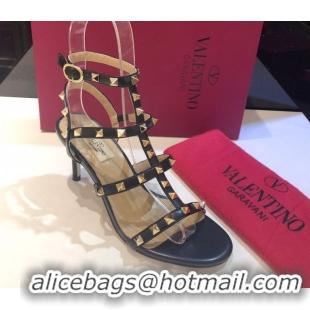 Durable Valentino Rockstud Heeled Sandals 6.5cm in Calfskin Leather with Straps Black 0711106