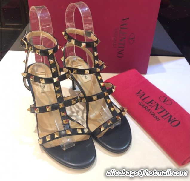 Durable Valentino Rockstud Heeled Sandals 6.5cm in Calfskin Leather with Straps Black 0711106
