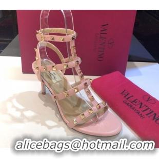 Unique Discount Valentino Rockstud Heeled Sandals 6.5cm in Calfskin Leather with Straps Light Pink 0711108