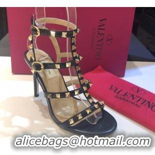 Good Looking Valentino Rockstud Heeled Sandals 9.5cm in Calfskin Leather with Straps Black 0711111