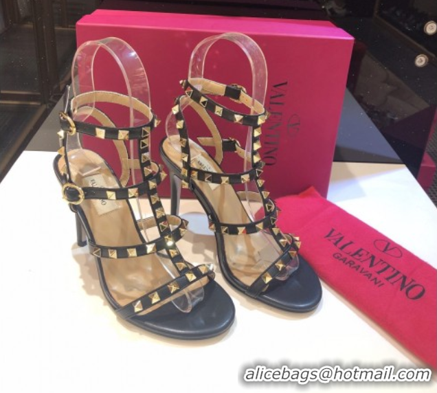Good Looking Valentino Rockstud Heeled Sandals 9.5cm in Calfskin Leather with Straps Black 0711111