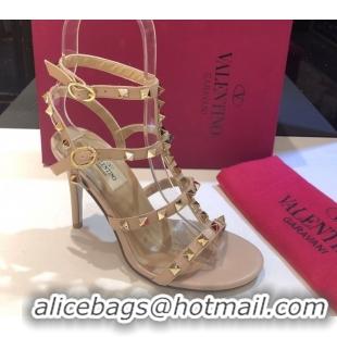 Good Quality Valentino Rockstud Heeled Sandals 9.5cm in Calfskin Leather with Straps Nude 0711112