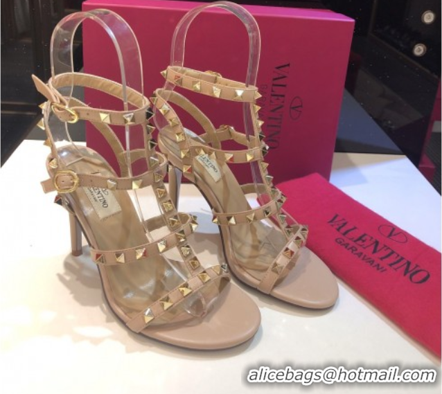Good Quality Valentino Rockstud Heeled Sandals 9.5cm in Calfskin Leather with Straps Nude 0711112