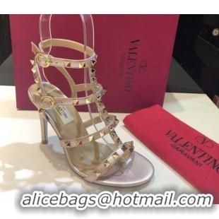 Luxurious Valentino Rockstud Heeled Sandals 9.5cm in Calfskin Leather with Straps Metallic Pink 0711114