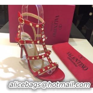 Generous Valentino Rockstud Heeled Sandals 9.5cm in Calfskin Leather with Straps Red 0711115