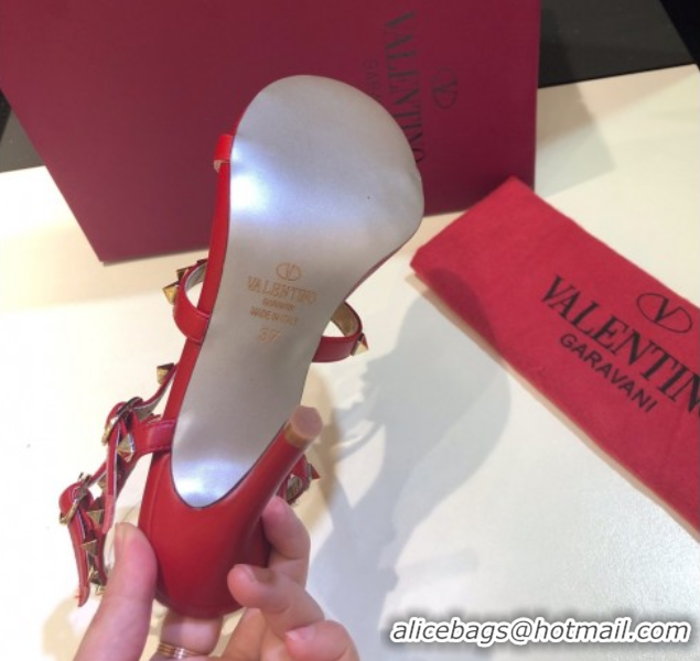 Generous Valentino Rockstud Heeled Sandals 9.5cm in Calfskin Leather with Straps Red 0711115