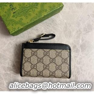Top Quality Gucci GG Canvas Emblem Zip Card Case Wallet with Strap 821804 Beige/Black 2024