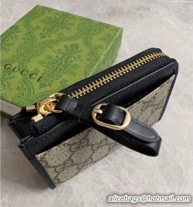Top Quality Gucci GG Canvas Emblem Zip Card Case Wallet with Strap 821804 Beige/Black 2024