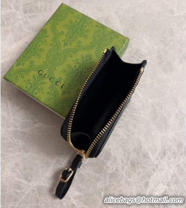 Top Quality Gucci GG Canvas Emblem Zip Card Case Wallet with Strap 821804 Beige/Black 2024