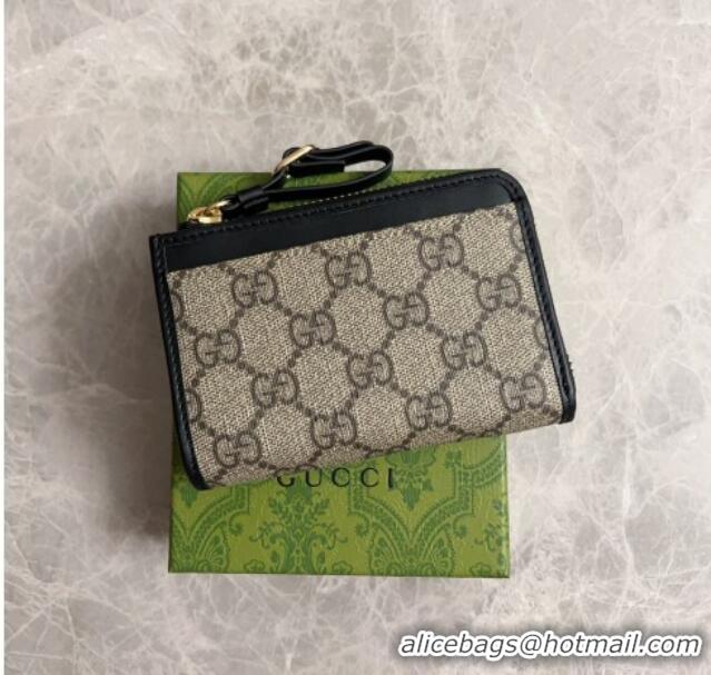 Top Quality Gucci GG Canvas Emblem Zip Card Case Wallet with Strap 821804 Beige/Black 2024