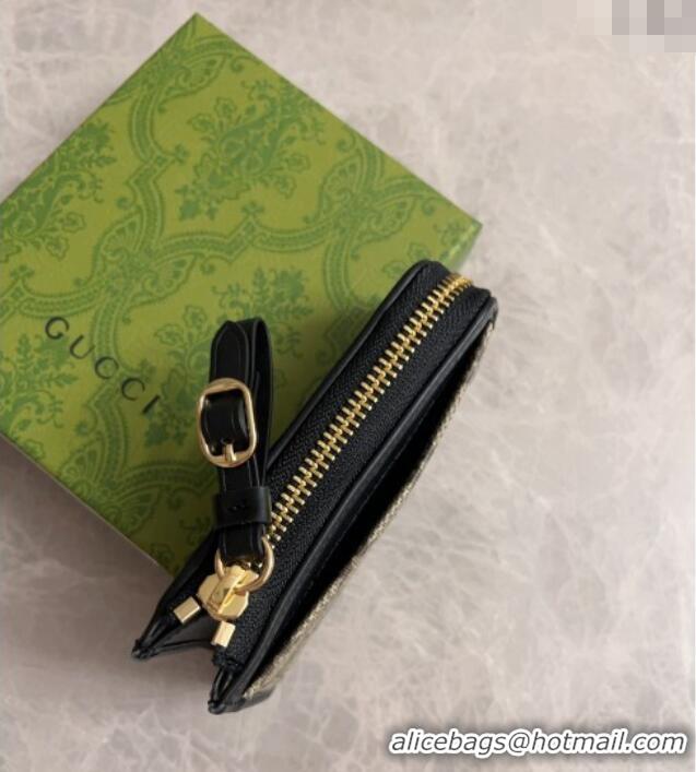 Top Quality Gucci GG Canvas Emblem Zip Card Case Wallet with Strap 821804 Beige/Black 2024