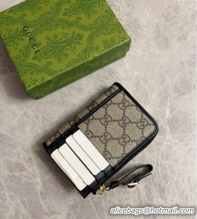 Top Quality Gucci GG Canvas Emblem Zip Card Case Wallet with Strap 821804 Beige/Black 2024