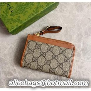 Shop Discount Gucci GG Canvas Emblem Zip Card Case Wallet with Strap 821804 Beige/Brown 2024