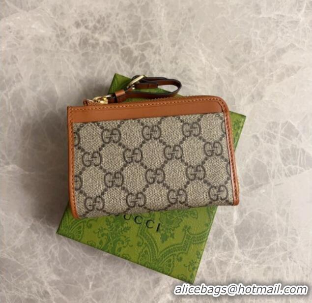 Shop Discount Gucci GG Canvas Emblem Zip Card Case Wallet with Strap 821804 Beige/Brown 2024