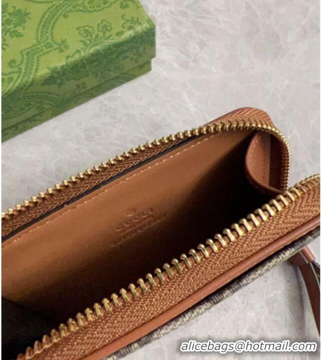 Shop Discount Gucci GG Canvas Emblem Zip Card Case Wallet with Strap 821804 Beige/Brown 2024