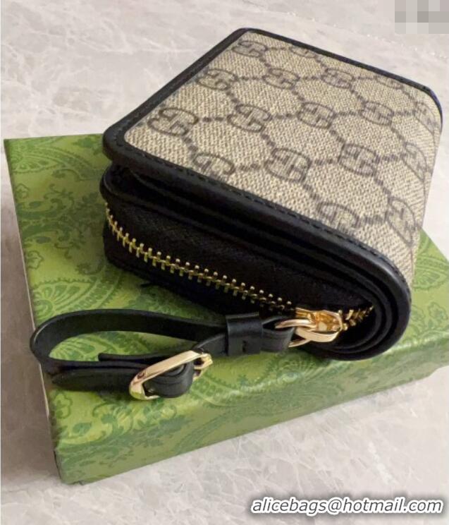 Super Quality Gucci GG Canvas Emblem Small Wallet with Strap 819131 Beige/Black 2024