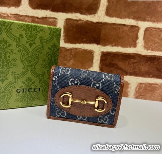Luxury Cheap Gucci Horsebit 1955 Blue Denim Card Case Wallet 621887 2024