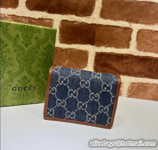 Luxury Cheap Gucci Horsebit 1955 Blue Denim Card Case Wallet 621887 2024