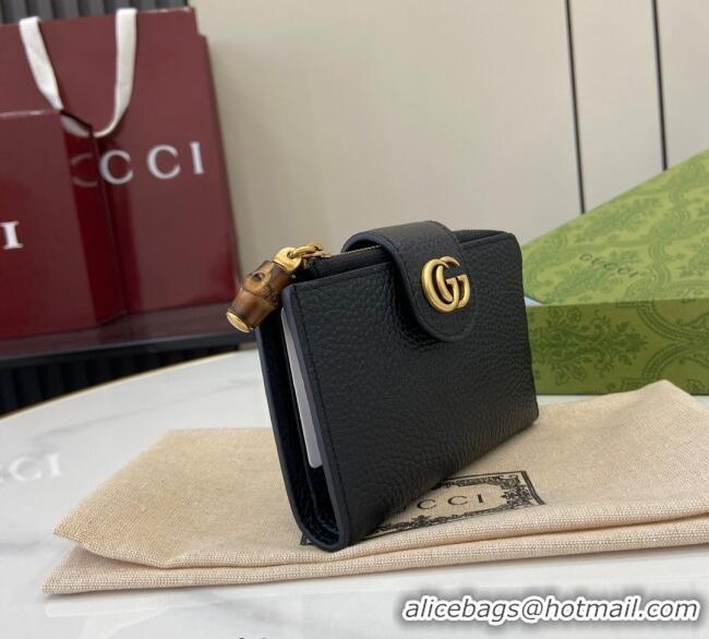 Well Crafted Gucci Medium Double G Wallet with Bamboo in Grained Leather 739498 Black 2025
