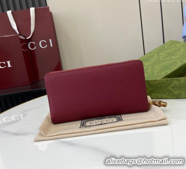 Promotional Gucci Double G Zip Around Long Wallet with Bamboo in Grained Leather 739499 Red 2025