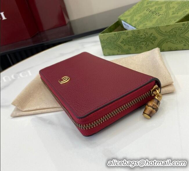 Promotional Gucci Double G Zip Around Long Wallet with Bamboo in Grained Leather 739499 Red 2025
