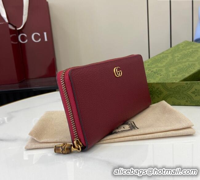 Promotional Gucci Double G Zip Around Long Wallet with Bamboo in Grained Leather 739499 Red 2025