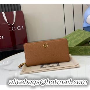 Inexpensive Gucci Double G Zip Around Long Wallet with Bamboo in Grained Leather 739499 Brown 2025
