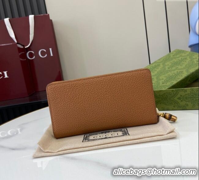 Inexpensive Gucci Double G Zip Around Long Wallet with Bamboo in Grained Leather 739499 Brown 2025