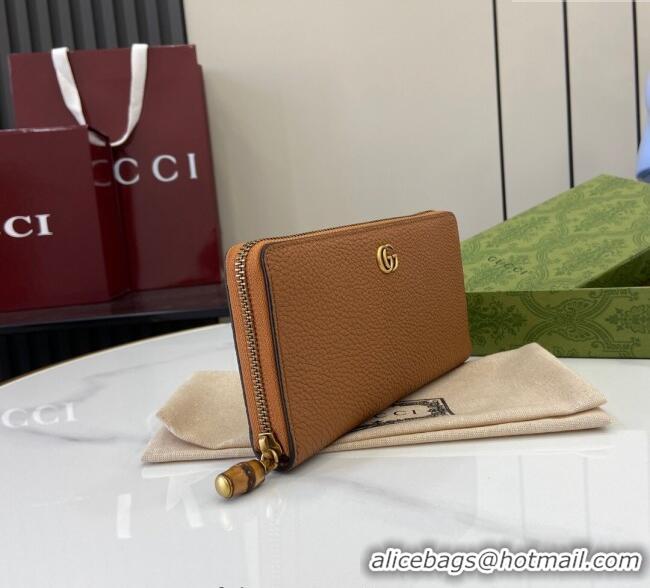Inexpensive Gucci Double G Zip Around Long Wallet with Bamboo in Grained Leather 739499 Brown 2025