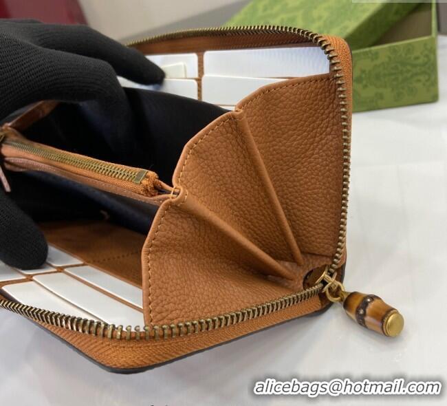 Inexpensive Gucci Double G Zip Around Long Wallet with Bamboo in Grained Leather 739499 Brown 2025