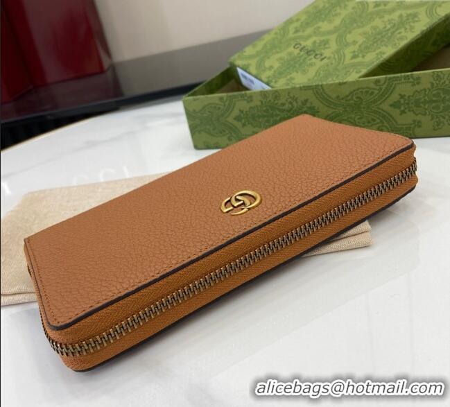 Inexpensive Gucci Double G Zip Around Long Wallet with Bamboo in Grained Leather 739499 Brown 2025