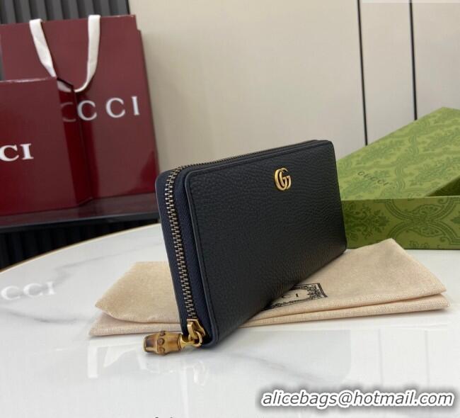Best Price Gucci Double G Zip Around Long Wallet with Bamboo in Grained Leather 739499 Black 2025