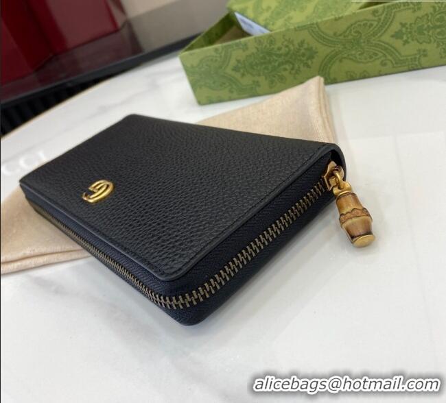 Best Price Gucci Double G Zip Around Long Wallet with Bamboo in Grained Leather 739499 Black 2025