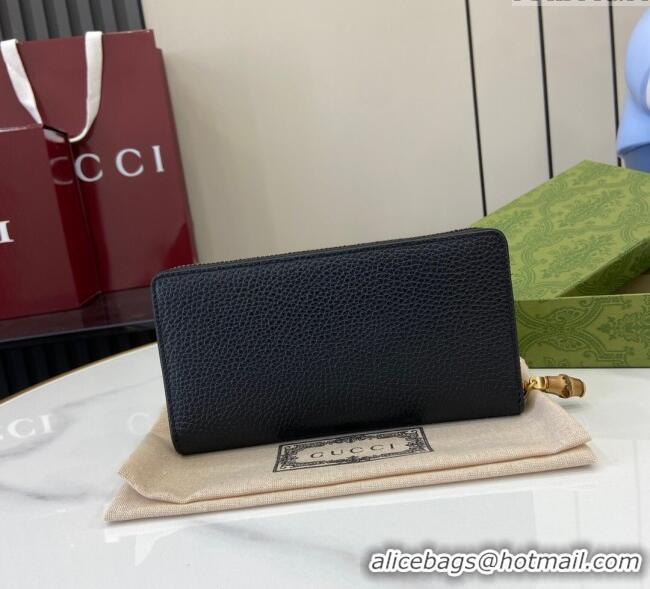 Best Price Gucci Double G Zip Around Long Wallet with Bamboo in Grained Leather 739499 Black 2025